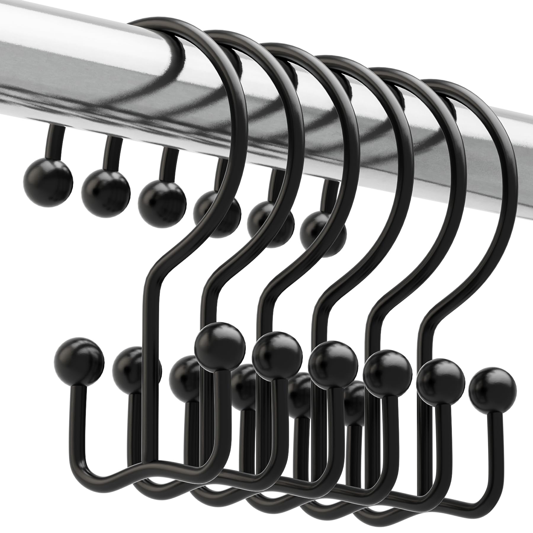 Titanker Shower Curtain Hooks Black, Minimalist Simple Double Glide Shower Curtain Rings, Rust Proof Metal Shower Hooks Rings for Bathroom Shower Rods Curtains, Set of 12 Hooks