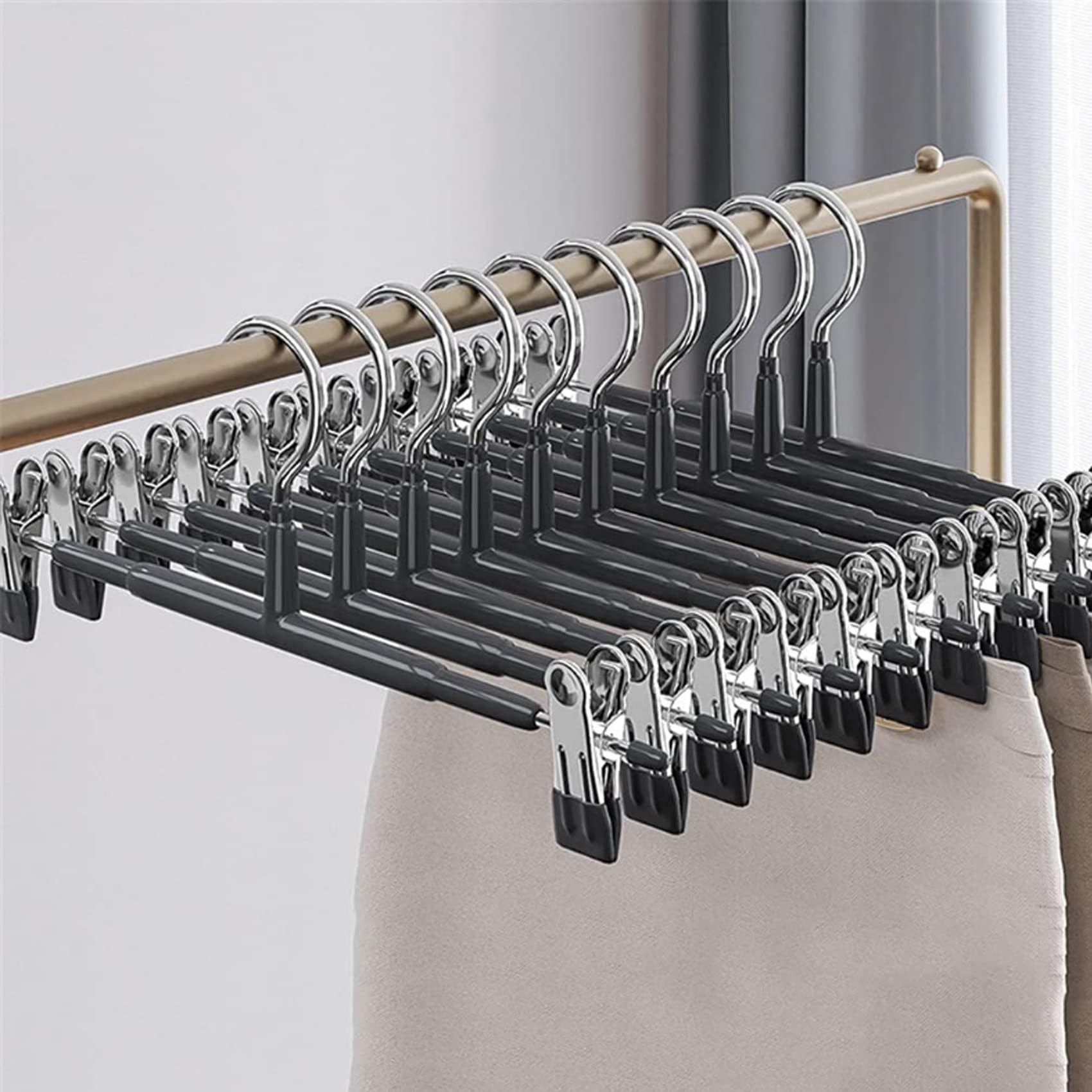 Trouser Hangers Made of Metal, Pack of 10 Clothes Hangers for Trousers, Socks, Skirts, 30 cm, Non-Slip, Chrome-Plated, Skirt Hangers with Clips, High Load Capacity