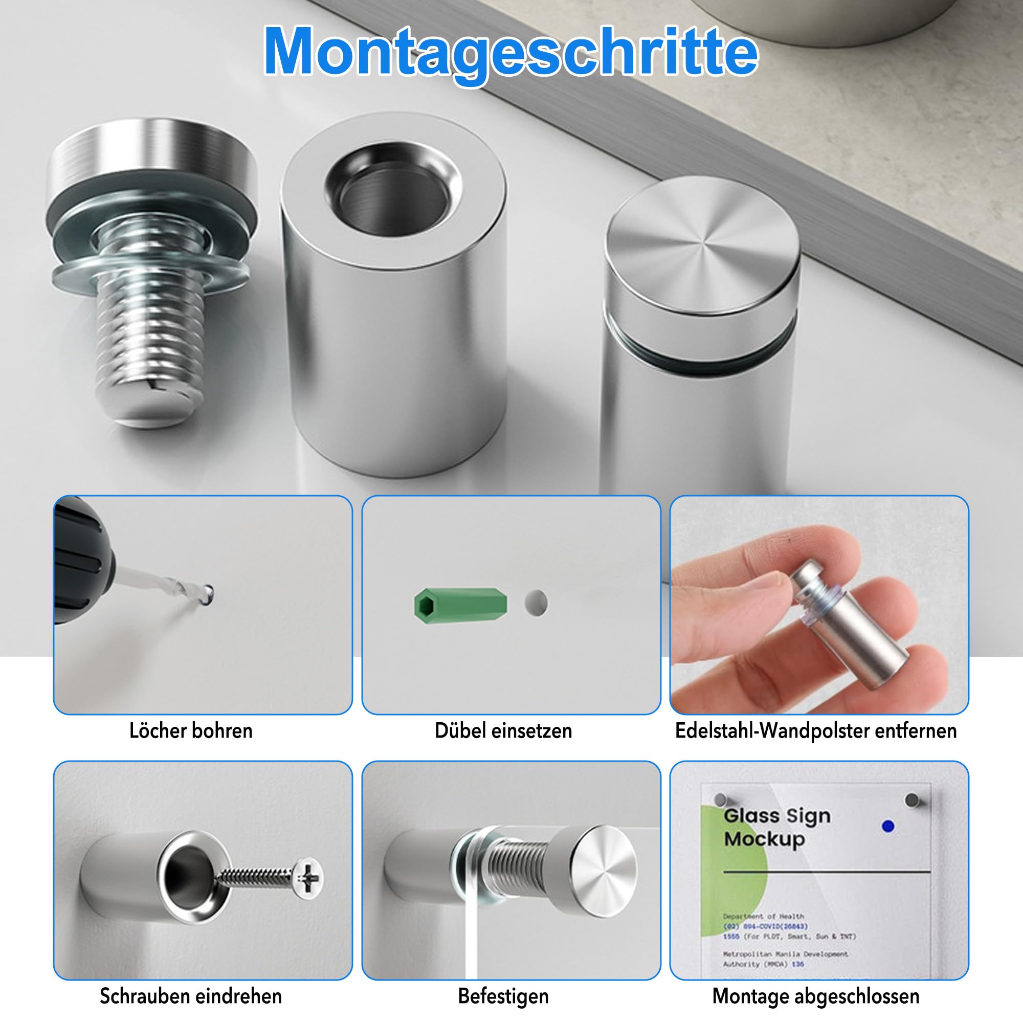 Lot de 50 entretoises en acier inoxydable : ensemble avec vis 12 x 25 mm tête ronde entretoises pour verre acrylique, panneaux, miroirs, cadres photo pour artisans et bricoleurs