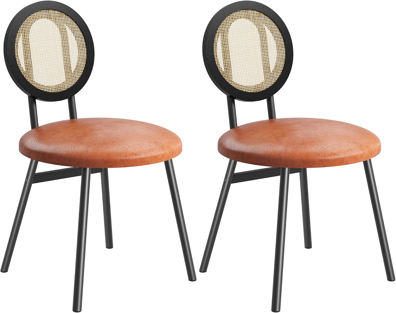 IDEALHOUSE Set of 2 Rattan Dining Chairs, Round Back Ergonomic Upholstered Chairs, PU Leather with Sturdy Metal Frame, Stackable Easy to Clean Dining Room Kitchen Living Room Chairs Brown