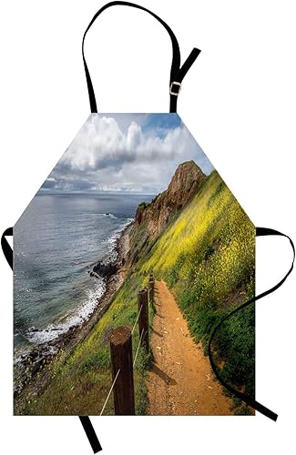 Ambesonne California Apron, Natural Beauty Landscape of Yellow Meadow Flowers Road Path Ocean, Unisex Kitchen Bib with Adjustable Neck for Cooking