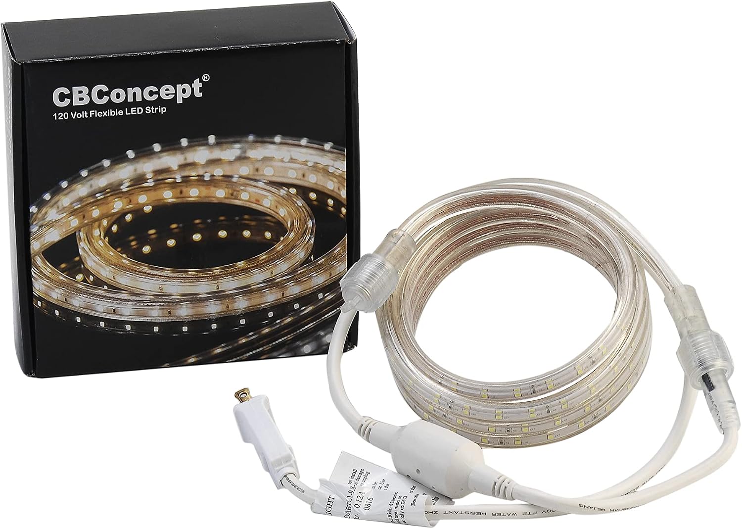 CBconcept UL Listed, 3.3 Feet, 360 Lumen, 6000K Pure White, Dimmable, 110-120V AC Flexible Flat LED Strip Rope Light, 60 Units 3528 SMD LEDs, Indoor Outdoor Use, Accessories Included, Ready to use