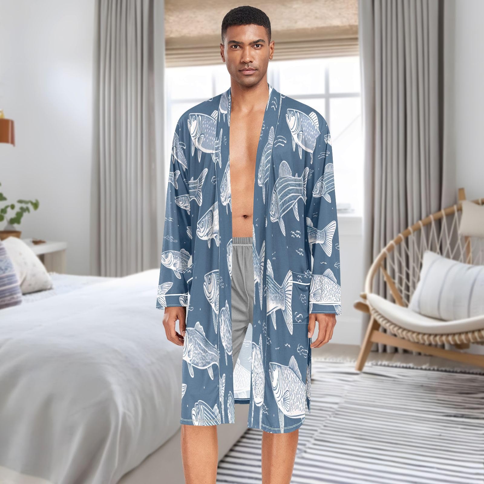 Accappatoio leggero da uomo con squali, colore: mare
