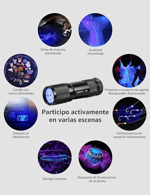 Foto 6 de 8 de Lepro Linterna UV 395nm con 9 LED UV, 3 AAA Pilas Incluidas, Pack de 2