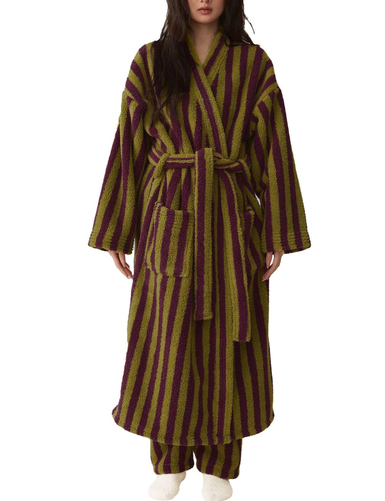 Arssm Womens Striped Fluffy Robe Long Plush Fuzzy Warm Bathrobes