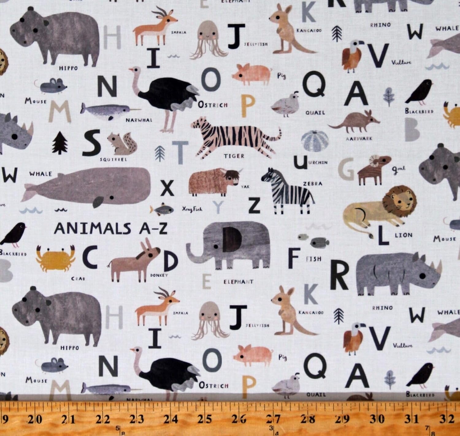 FlashPhoenix Quality Sewing Fabric – 100% Cotton Animals A-Z Alphabet Abc's Kids White Fabric Print Size; 36" x 44" Inches by The Yard