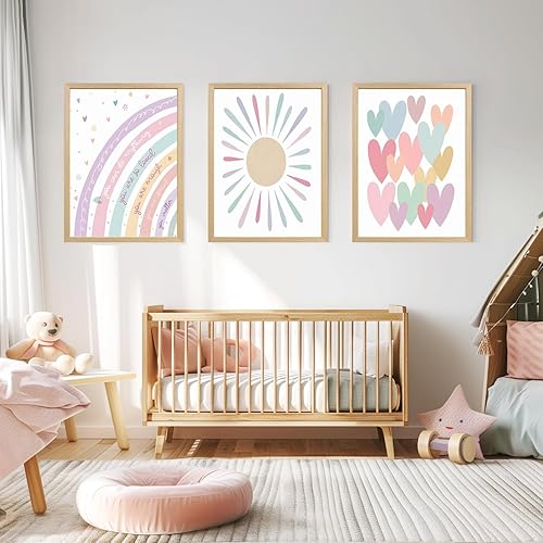 Miniatura 5 de LLEEMPI Juego de 3 arte de pared con diseño de corazón rosa, sol, arco iris, decoración de pared para habitación de bebé, pintura en lienzo bohemia