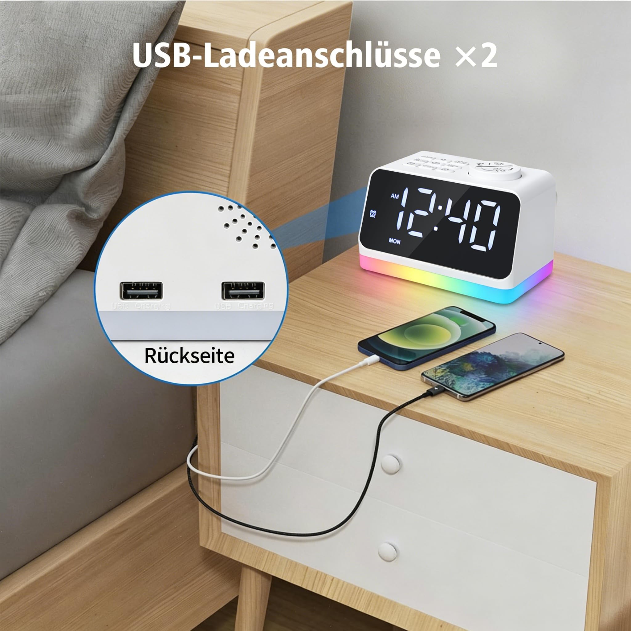 Radio-réveil numérique pour chambre à coucher - Veilleuse 8 couleurs (0 à 100 % à intensité variable), double alarme avec 7 sons d'alarme, minuterie de sommeil flexible (10 à 480 min), 2 ports de
