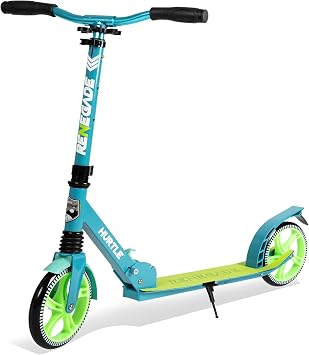 Hurtle Compact Folding Kick Scooter for Teens and Adults, Adjustable Height T-Bar, 8 High Impact Wheels, ABEC-7 Bearings, Lightweight Build with Anti-Slip Alloy Deck, Mud Guard, Rear Brake, Teal Blue