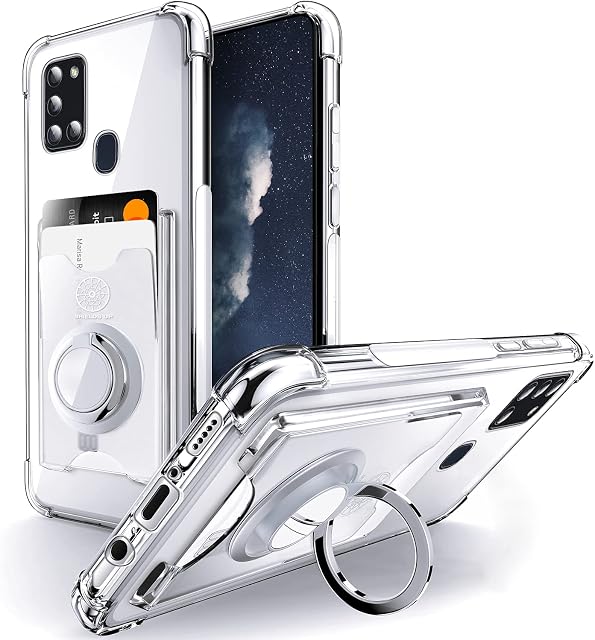 Shields Up Designed for Galaxy A21S Case, Samsung A21S Minimalist Wallet Case with Ring Kickstand and Card Holder, Shockproof Bumper TPU Transparent Slim Cover for Samsung Galaxy A21S - Clear