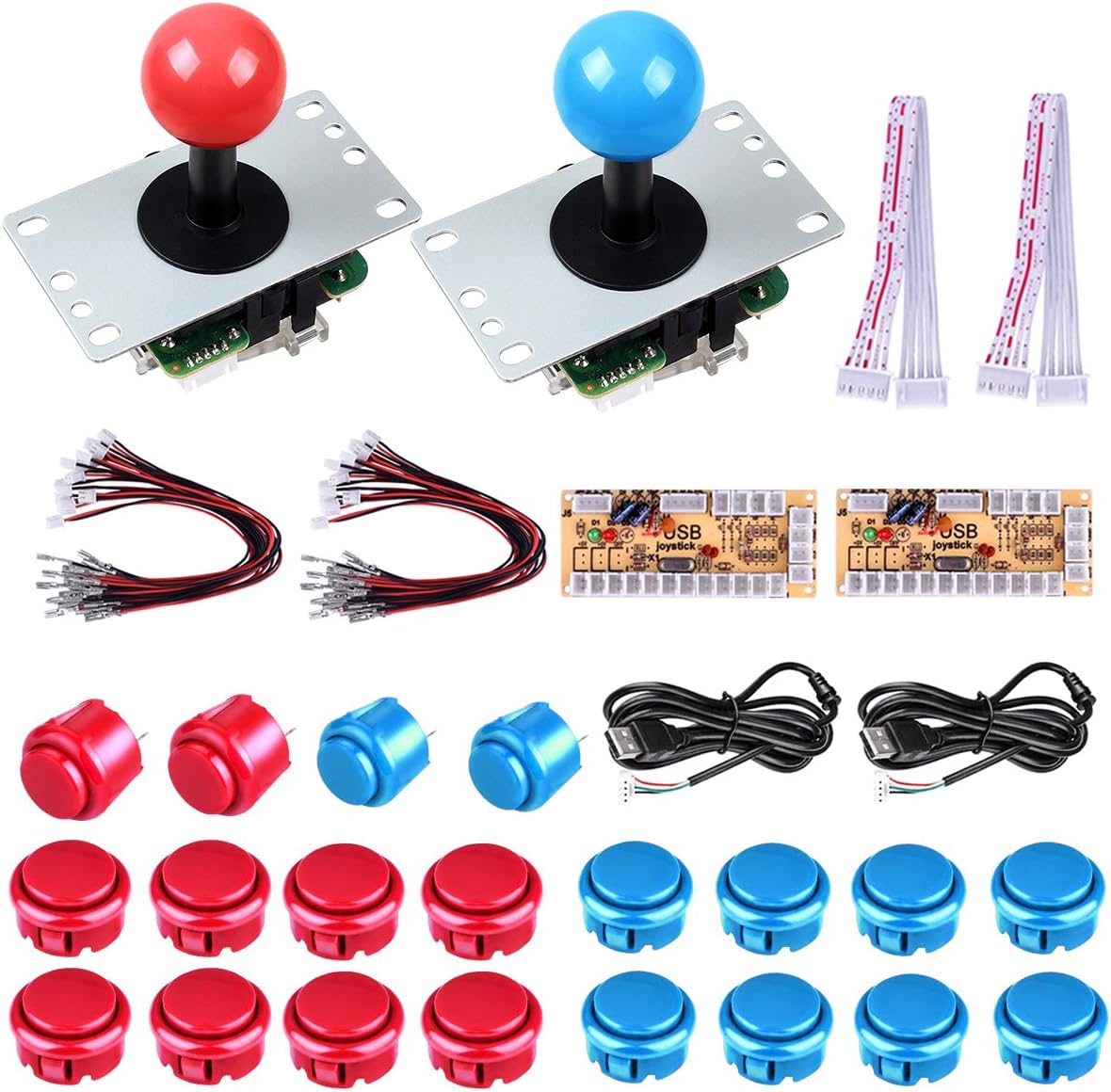 Gamtech 2-Player Arcade Buttons and Joystick Controller Kit for PC,Raspberry Pi Video Games with 2 x USB Encoder Board,2 x 5Pin Joystick,4 x 24mm Push Button and 16 x 30mm (Red and Blue)