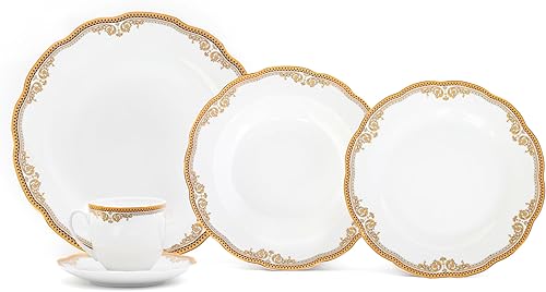 Royalty Porcelain Juego de vajilla de 20 piezas con adorno floral dorado porcelana de hueso