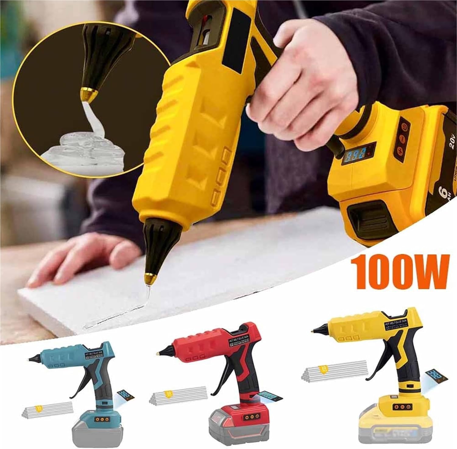 Hot Glue Gun, 100W Cordless Hot Glue Gun 100°C-200°C Temp Adjust LCD Digital Display With 10Pcs 11mm Sticks For 20V Battery,for Arts Crafts DIY Decor School Home