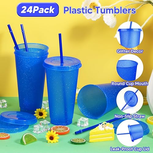 Vista 85 de Paquete de 24 vasos de plástico con tapas y popote, vasos reutilizables con tapas y pajillas, vasos coloridos para bebidas frías, café helado, vasos