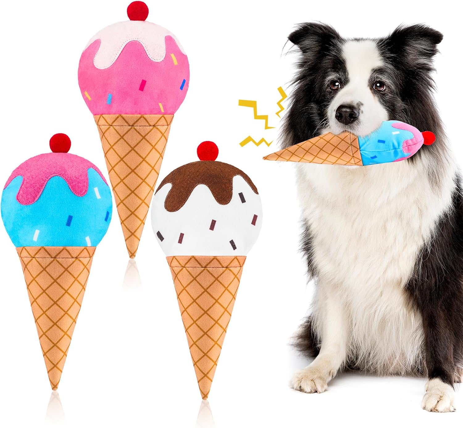 Pack de 3 Juguetes para Perro Helado, Mordedores Squeaky de Peluche