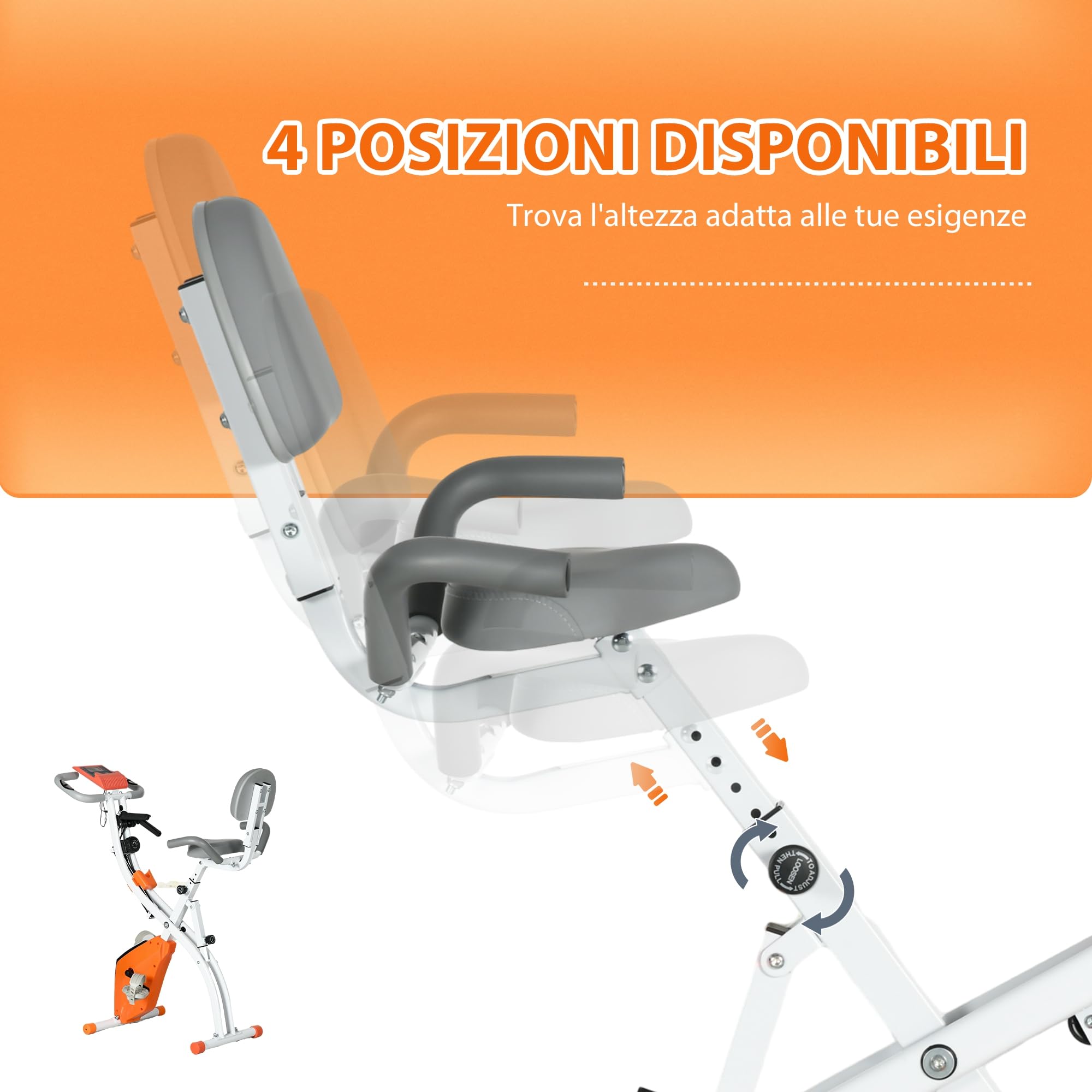 HOMCOM Cyclette Pieghevole 2 in 1, Resistenza Magnetica Regolabile 8 Livelli, Cyclette da Casa Silenziosa con Sensore Cardiaco, Sedile Regolabile, Bande Elastici, Schermo LCD, Ruote