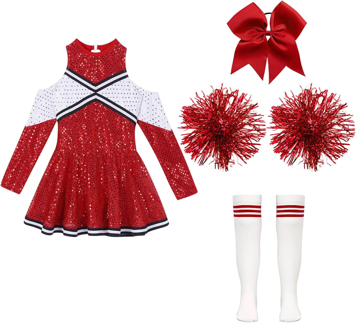 Hedmy Kids Girls Cheerleading Costume Sparkly Sequin Dance Dress Halloween Carnival Cheer Leader B Red 16 Years