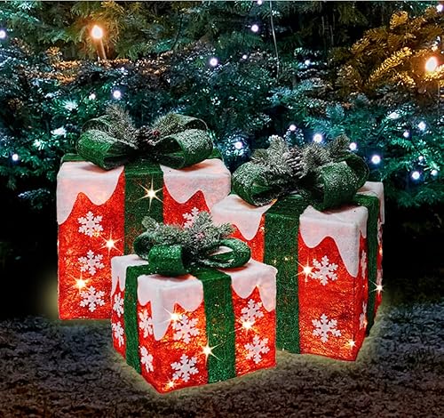 Miniatura 7 de TWINGLEHOME Paquete de 3 cajas de regalo de ratán iluminadas con 70 luces LED de Navidad de 10 a 8.5 pulgadas, 70 luces LED, decoraciones navideñas