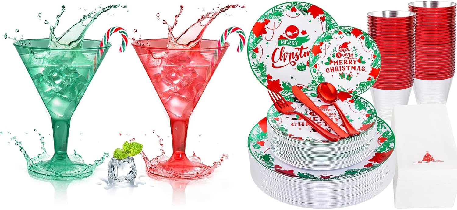 Liacere 24 Pack Christmas Plastic Martini Glasses - 6.25oz Disposable Cocktail Glasses&175Pcs Christmas plastic plates - Green and Red Plastic Plates