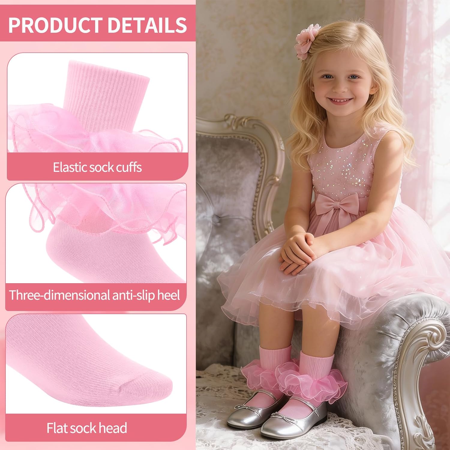 Jspupifip 4 Pairs Girls Big Ruffle Socks Soft Cute Classic Toddler Double Lace Frilly Cotton Dress Sock for Kids - Image 4