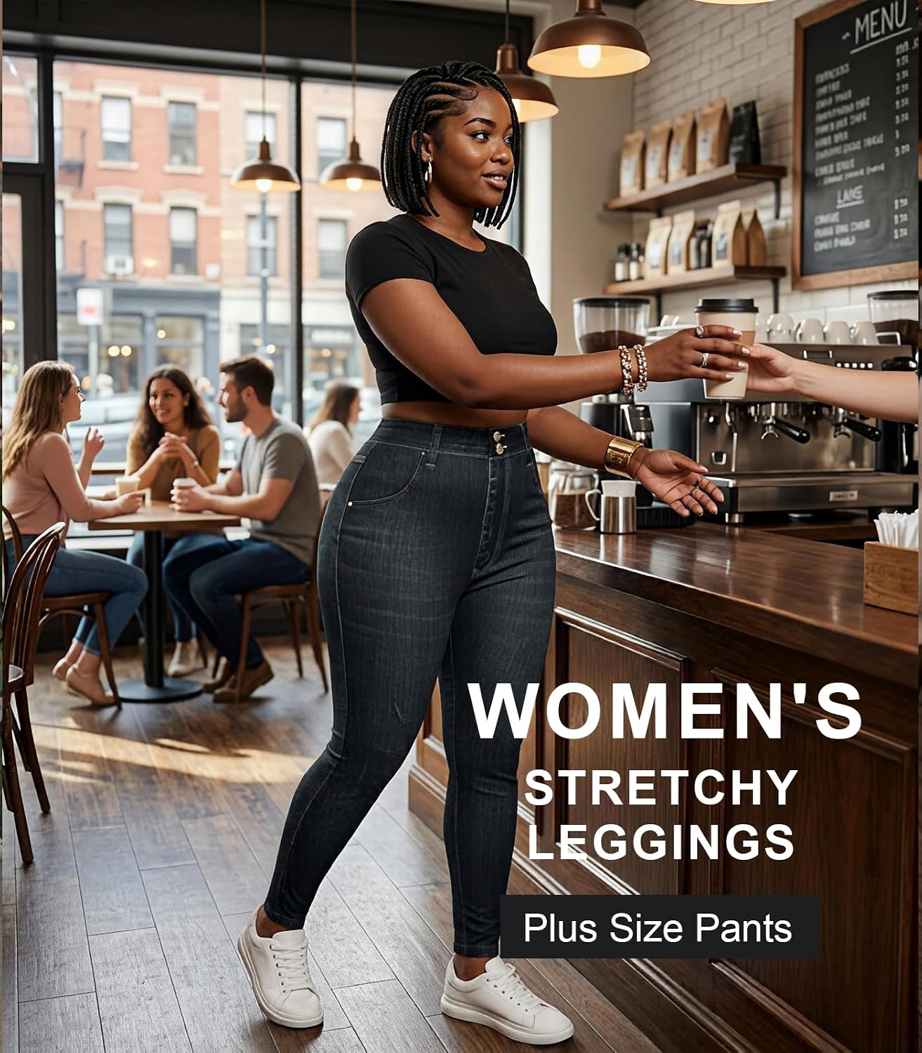 Stretchy Pants for Women Plus Size,Denin-Look-Print Skinny Leggings