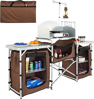 VEVOR Camping Kitchen Table, Folding Outdoor Cooking Table with Storage Carrying Bag, Aluminum Cook Station 3 Cupboard & D...