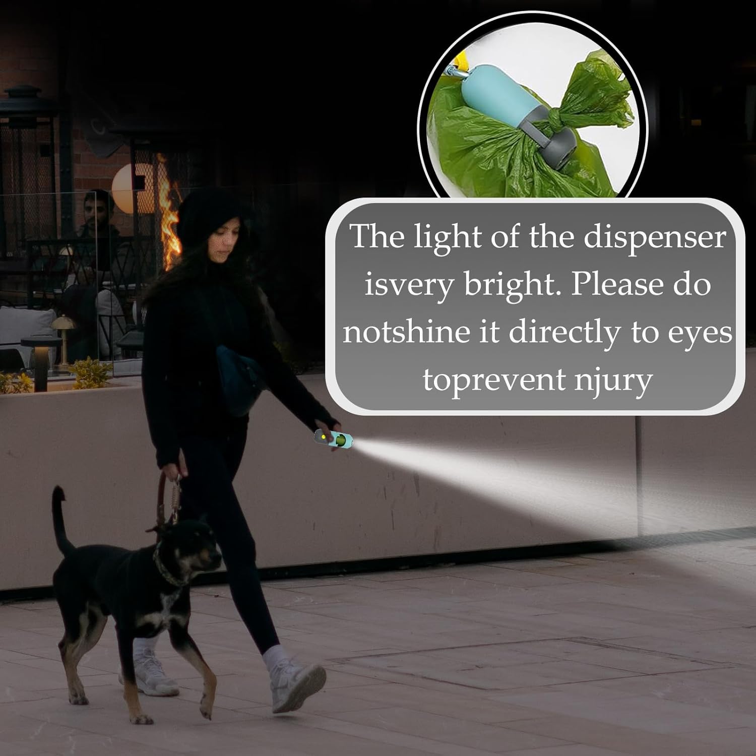 犬のうんちバッグディスペンサー LED懐中電灯付き ペットゴミ袋ホルダー LR44ボタンセル9個付き おむつゴミ袋キャリア 金属製カ