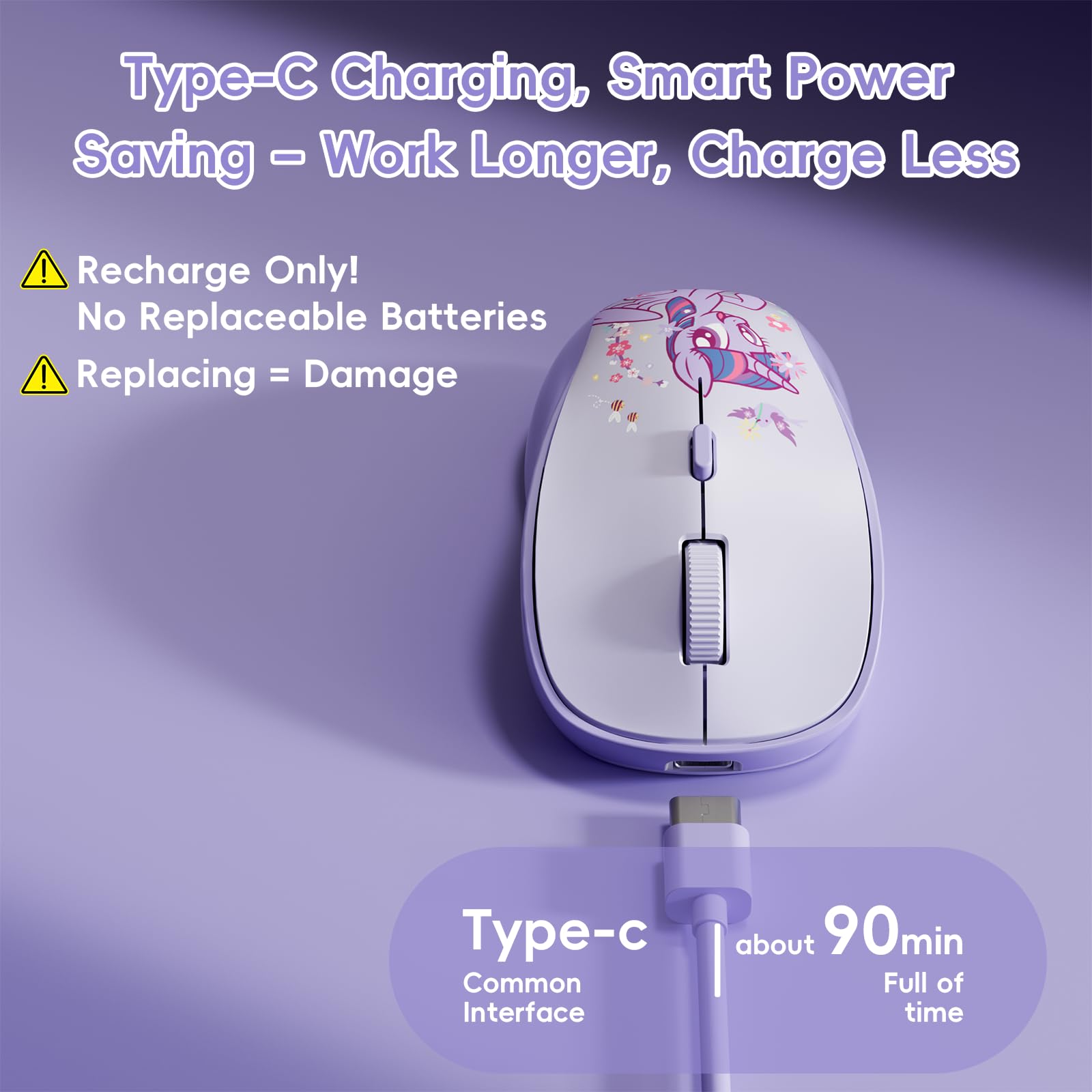 My Little Pony Twilight Sparkle Mouse wireless – Mouse silenzioso a 4 pulsanti con 3 DPI regolabili (1000/1200/1600), 2,4 GHz wireless per Windows/Mac, design compatto ed ergonomico, viola