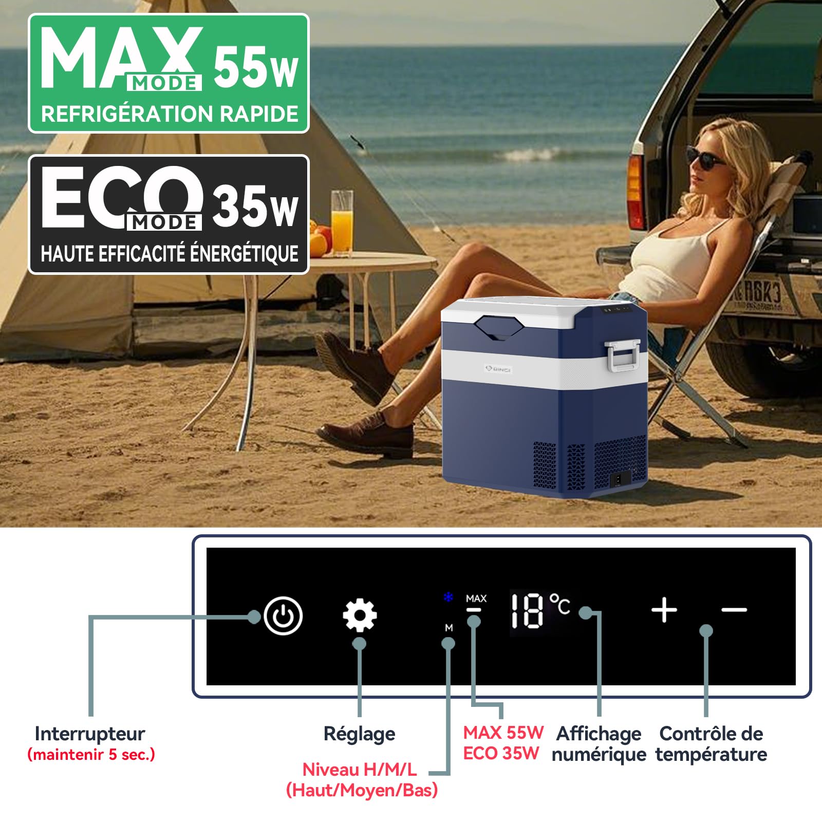 BINGI Glacière Electrique Voiture 38L Silencieuse ≤45dB Réfrigérateur Compression -18°C à +15°C 12V/24V/220V