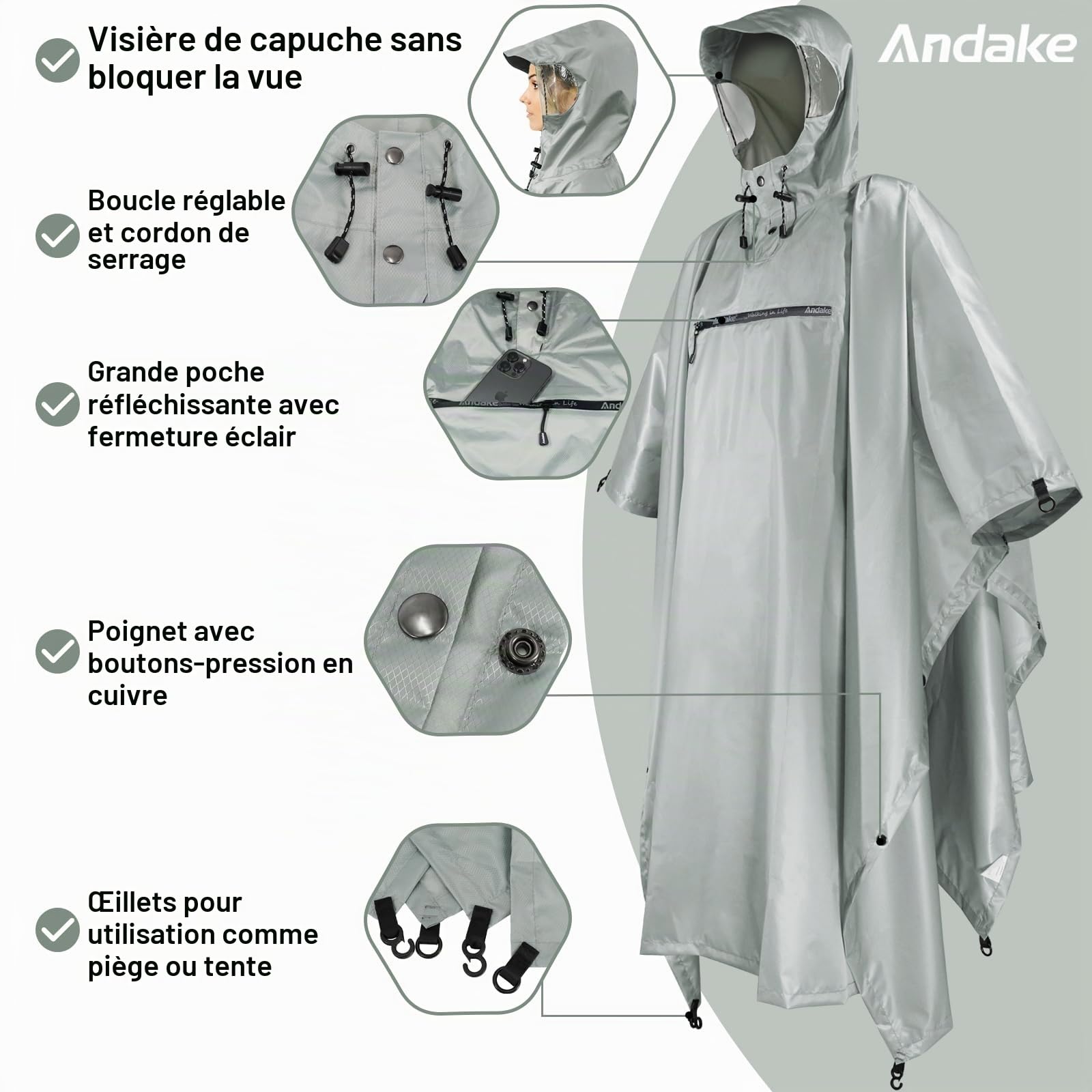 Andake Veste de Pluie Poncho, Imperméable Unisexe Pour Adultes Avec Manches Capuche Revêtement Imperméable