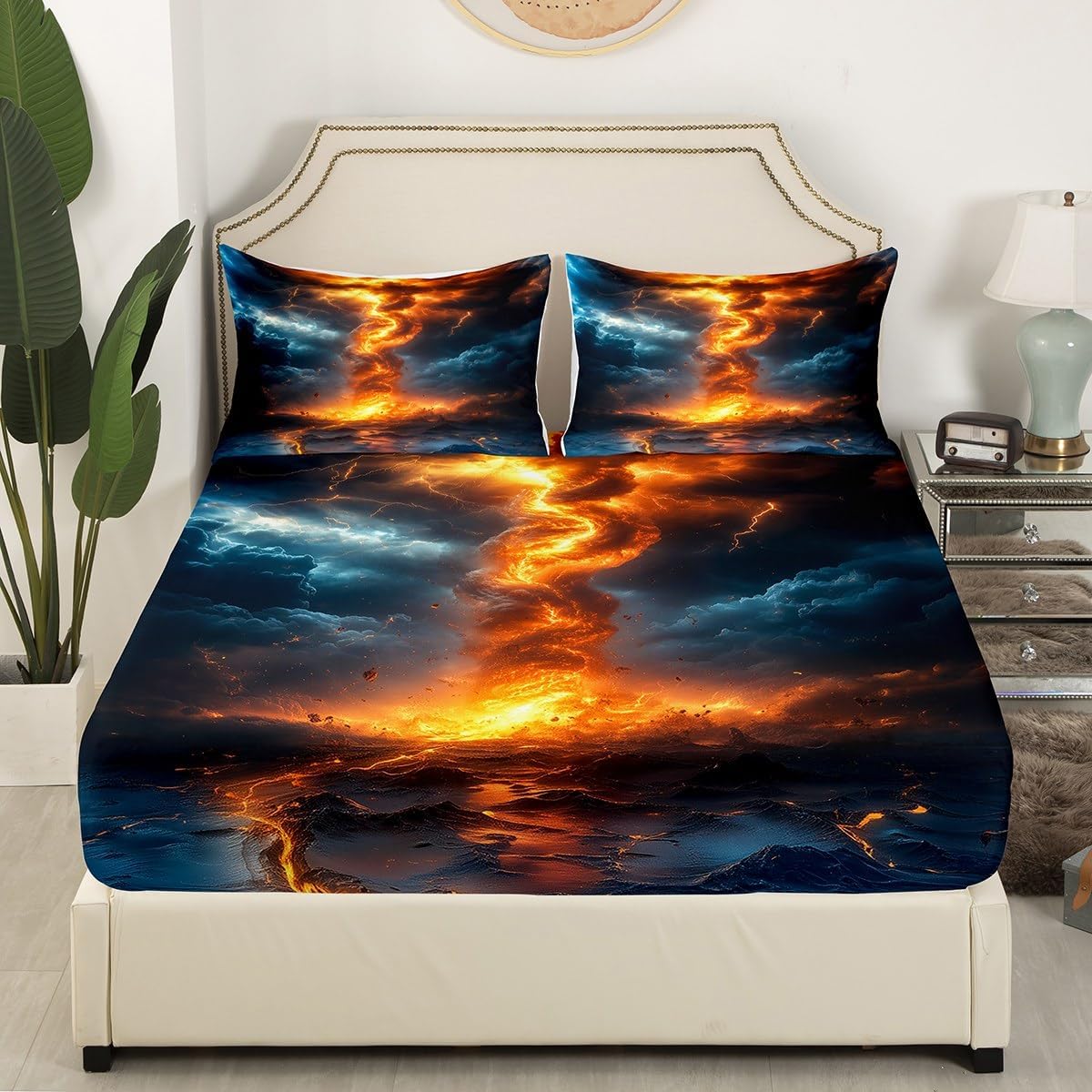 Erosebridal Glitter Tornados Bed Sheets Full,Lightning Tornado Fitted Sheet for Son Boys Kids,Extreme Weather Bedroom Decor for Storm Chaser,3Pcs(1 Fitted Sheet,2 Pillowcases)