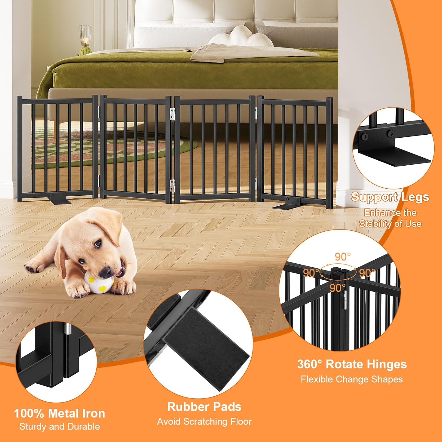 Snughome Short Dog Gate Indoor, 16" High Freestanding Small Dog Door Gate with Support Feet, Expands Up to 48’’ Wide Foldable Pet Gates for Doorway, 4 Panel Folding Pet Door Pet Fence for Puppy, Black