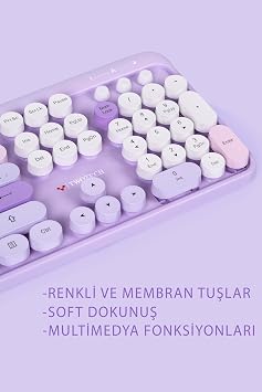 Renkli Tuşlu Kablosuz Türkçe Klavye+Mouse Seti Uyumlu - Mor