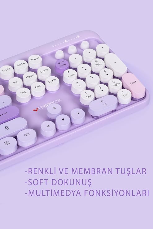 Renkli Tuşlu Kablosuz Türkçe Klavye+Mouse Seti Uyumlu - Mor