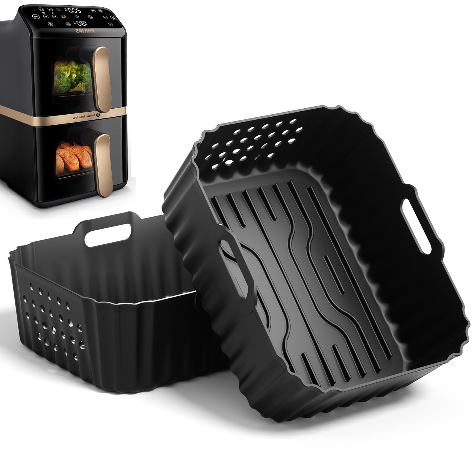 2 Stück Silikonform für Philips Air Fryer NA460/00 & NA462/70, Heißluftfritteuse Zubehör für Philips Airfryer Stacked Dual Basket 10L, Antihaft, Spülmaschinenfest & BPA-Frei (21x17x8cm)