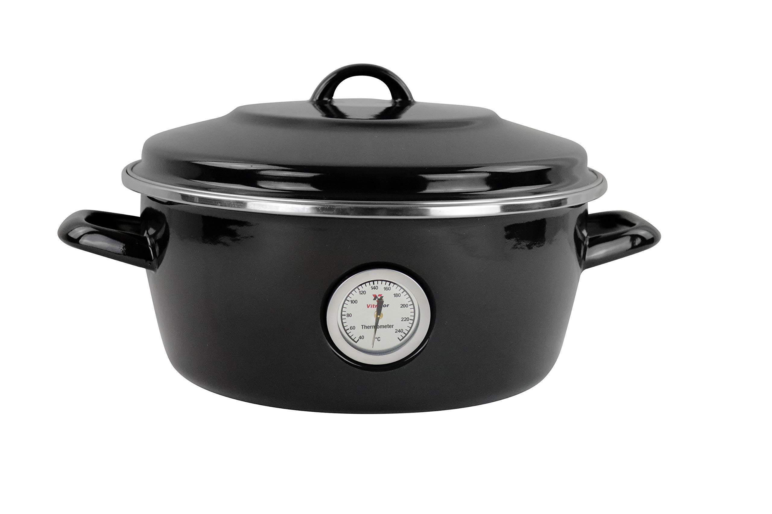 Dutch Oven Magefesa Negro de 26cm. Fabricado en España. Material de acero esmaltado con termómetro incorporado y recubrimiento antiadherente. Herrajes y tapas especiales para horno.