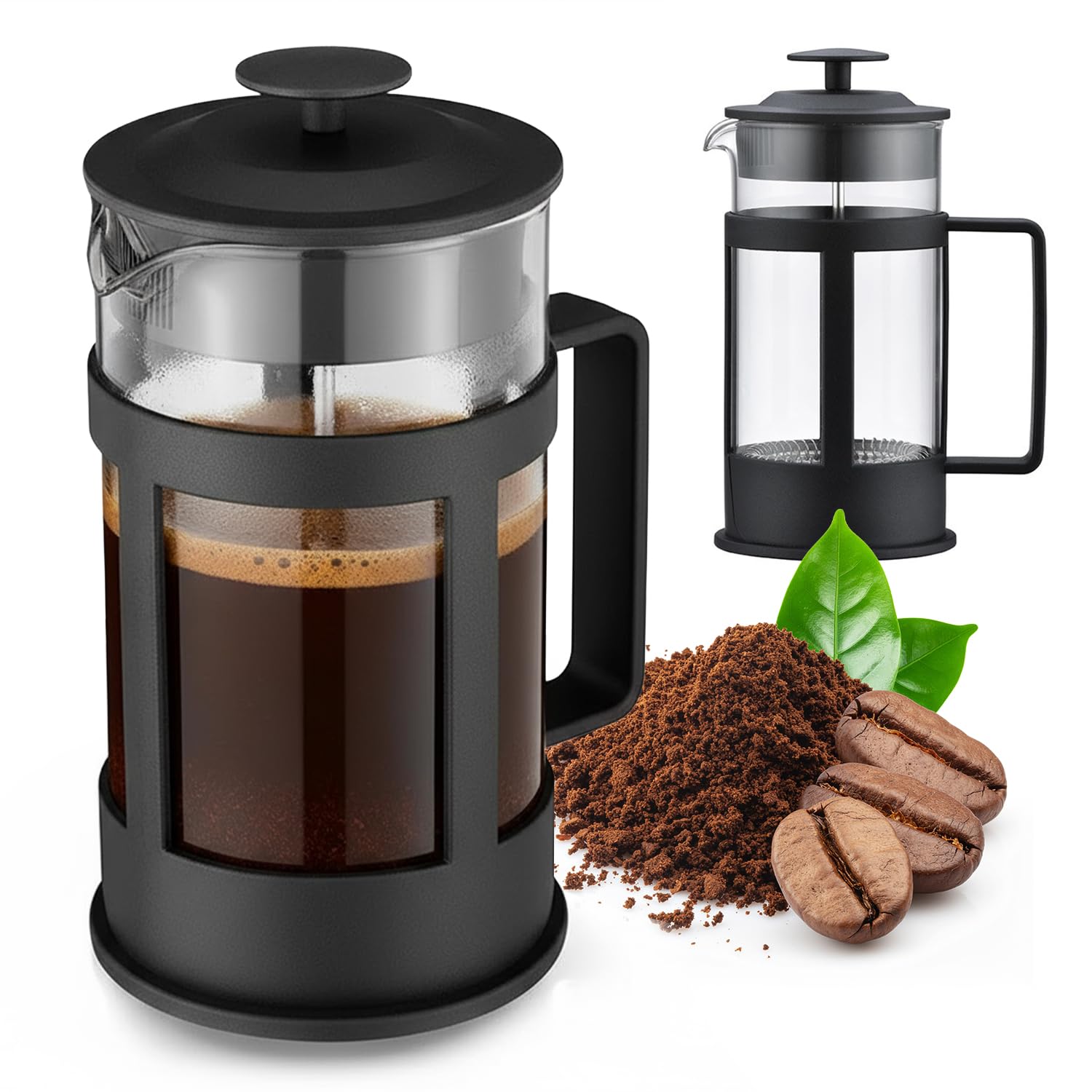 Zaparzacz do kawy 1 l, szklany French Press z filtrem ze stali nierdzewnej i uchwytem Cool-Touch – zaparzacz do herbaty, dzbanek na zioła, odporny na wysokie temperatury, szkło