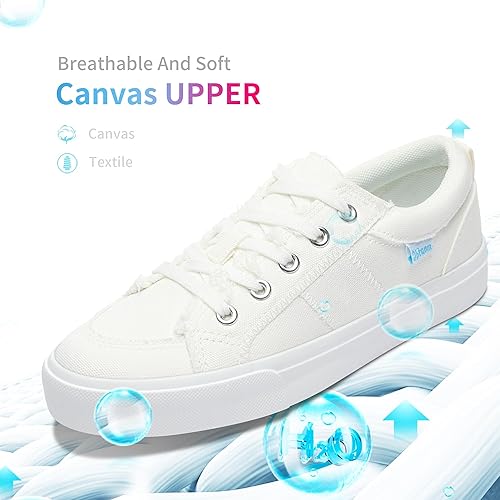 Miniatura 3 de Obtaom Zapatillas de moda blancas para mujer, lindas zapatillas de lona con cordones, parte superior baja, lona lavada, planas para dama