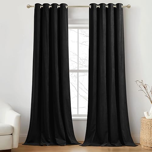 RYB HOME Black Velvet Curtains 84 inches Long 2 Panels, Blackout Plush Window Curtains Noise Reducing Bedroom Drapes Energy Saving Elegant Home Decoration for Kitchen Living Room, W52 x L84 inches