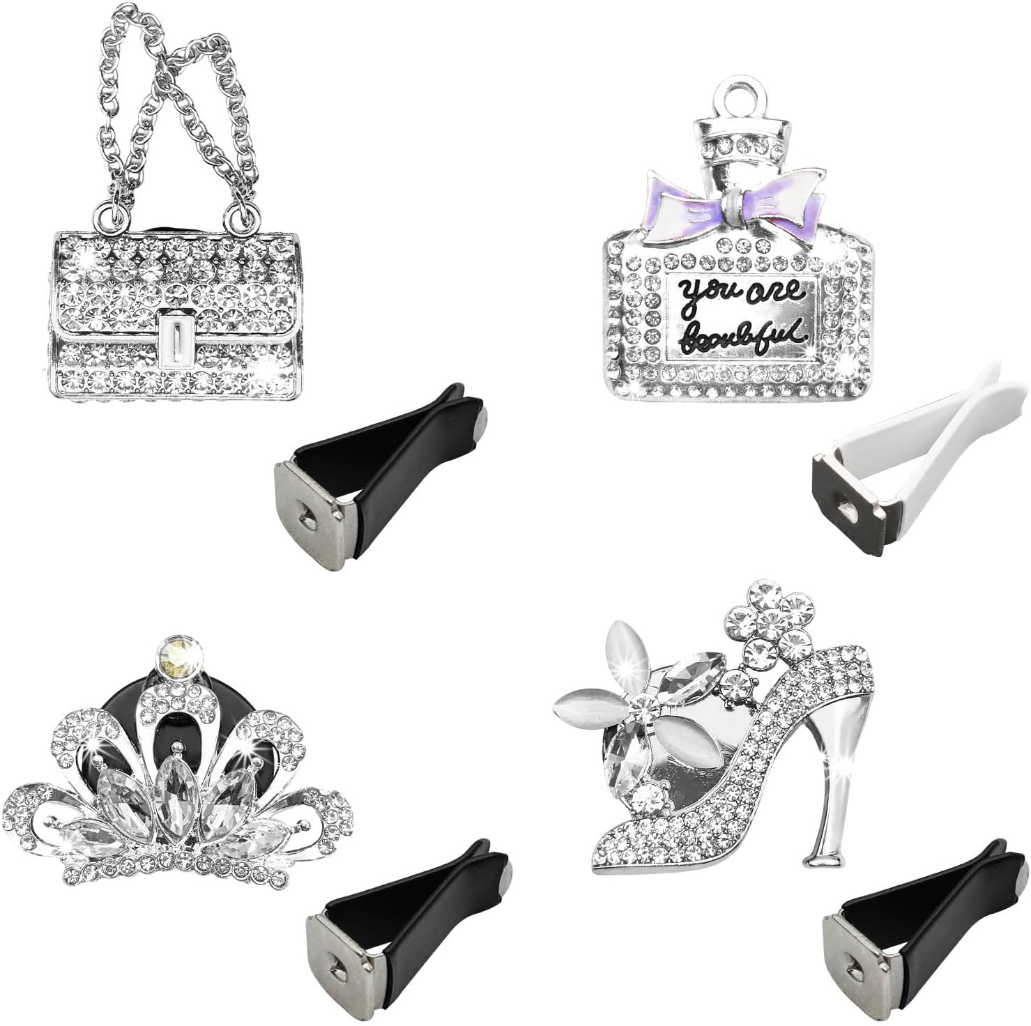 4PCS Bling Air Freshener Vent Clip, Crystal Rhinestone Heels Bag Crown Perfume Bottle Dashboard Air Vent Trim Clips, Cars Accessories Interior Decor (Sliver)