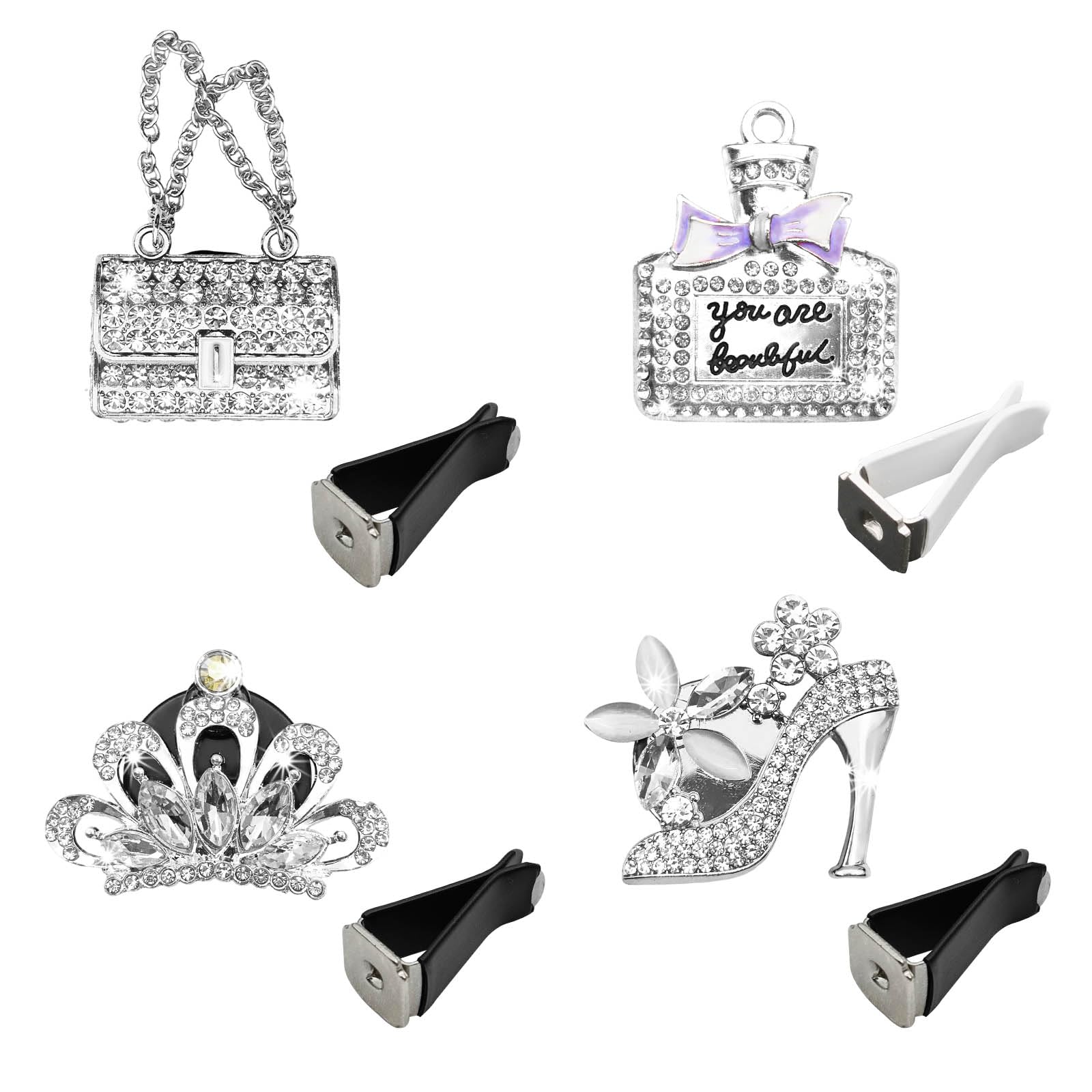 4PCS Bling Air Freshener Vent Clip, Crystal Rhinestone Heels Bag Crown Perfume Bottle Dashboard Air Vent Trim Clips, Cars Accessories Interior Decor (Sliver)