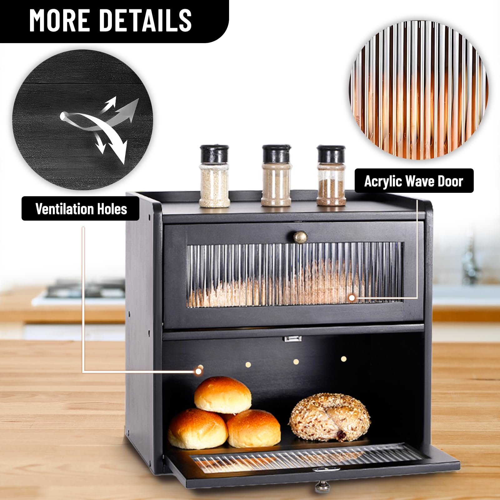 Paneras Para Guardar El Pan Caja Grande De Madera Maciza Doble Panera Madera Para Guardar ReposteríA Con Puerta AcríLica MagnéTica Bread Bin (Negro)