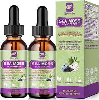2Pack Sea Moss Liquid Drops - Irish Sea Moss Black Seed Oil with Ashwagandha, Soursop Bitters, Elderberry, Burdock Root, Bladderwrack, Seamoss Gel Supplement Support Antioxidant, Immune, Gut Health
