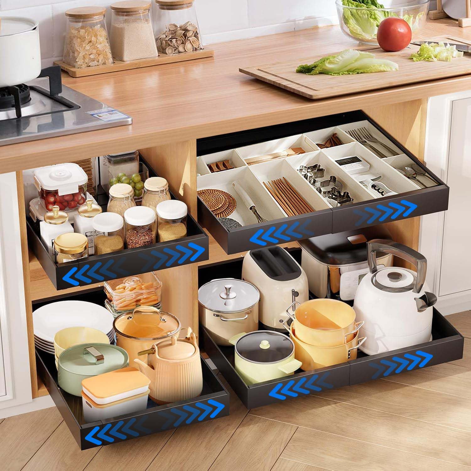 Organisateur de tiroirs coulissant et extensible 32-52cm pour rangement de cuisine