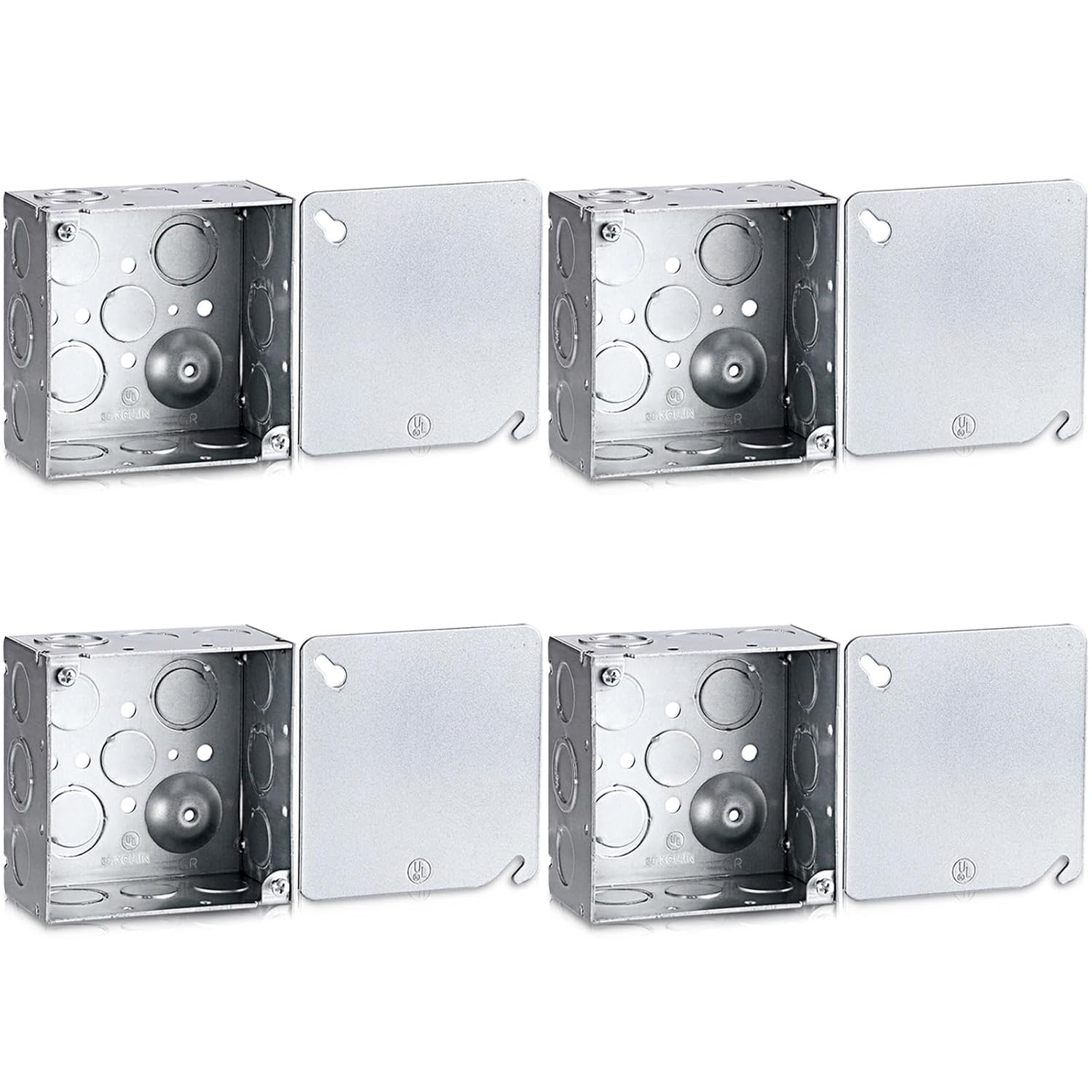 OwnMy 4 Inch Square Electrical Junction Box with Cover, Metal Welded Electrical Box with Ten 1/2" and Six MKO Knockouts, 2-1/8" Deep, 30.3 Cu. in. Capacity Metal Electrical Outlet Cover Box, 4 Packs