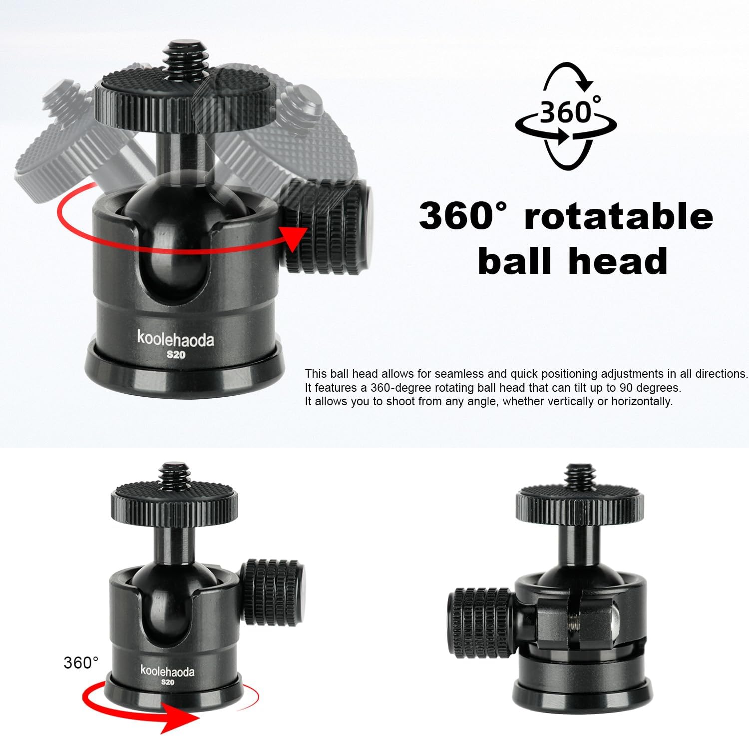 Koolehaoda Mini Ball Head with Cold Shoe Mount 360° Swivel for Camera | Tripod Ball Head Aluminum 1/4" Screw Panoramic Mount with Removable Hot Shoe Adapter for Video Light Microphone