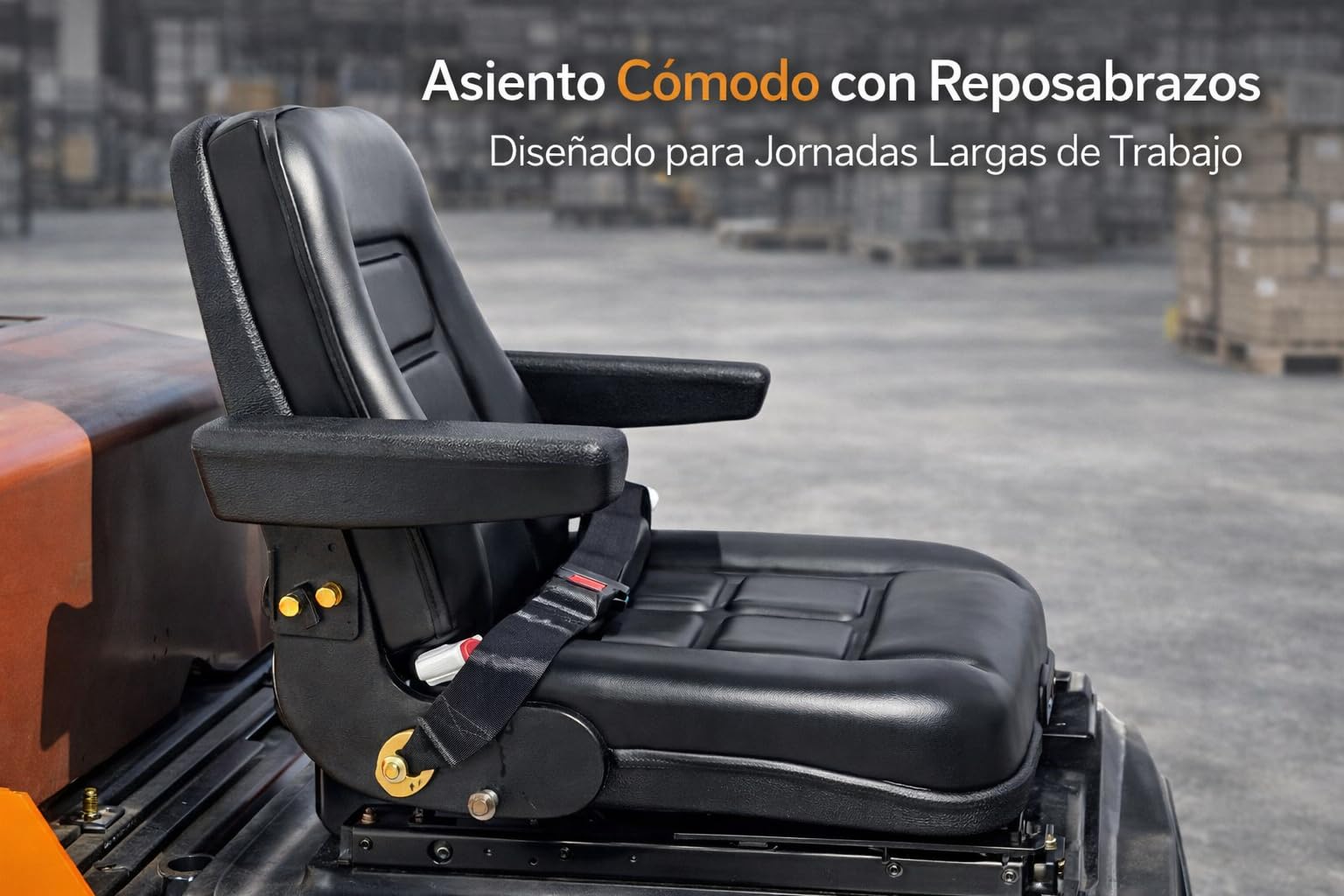 Asiento Universal para Carretilla Elevadora con Cinturón Fijo | Asiento PVC Negro con Reposabrazos | Compatible con Tractor, Excavadora y Maquinaria Industrial | Resistente e Impermeable