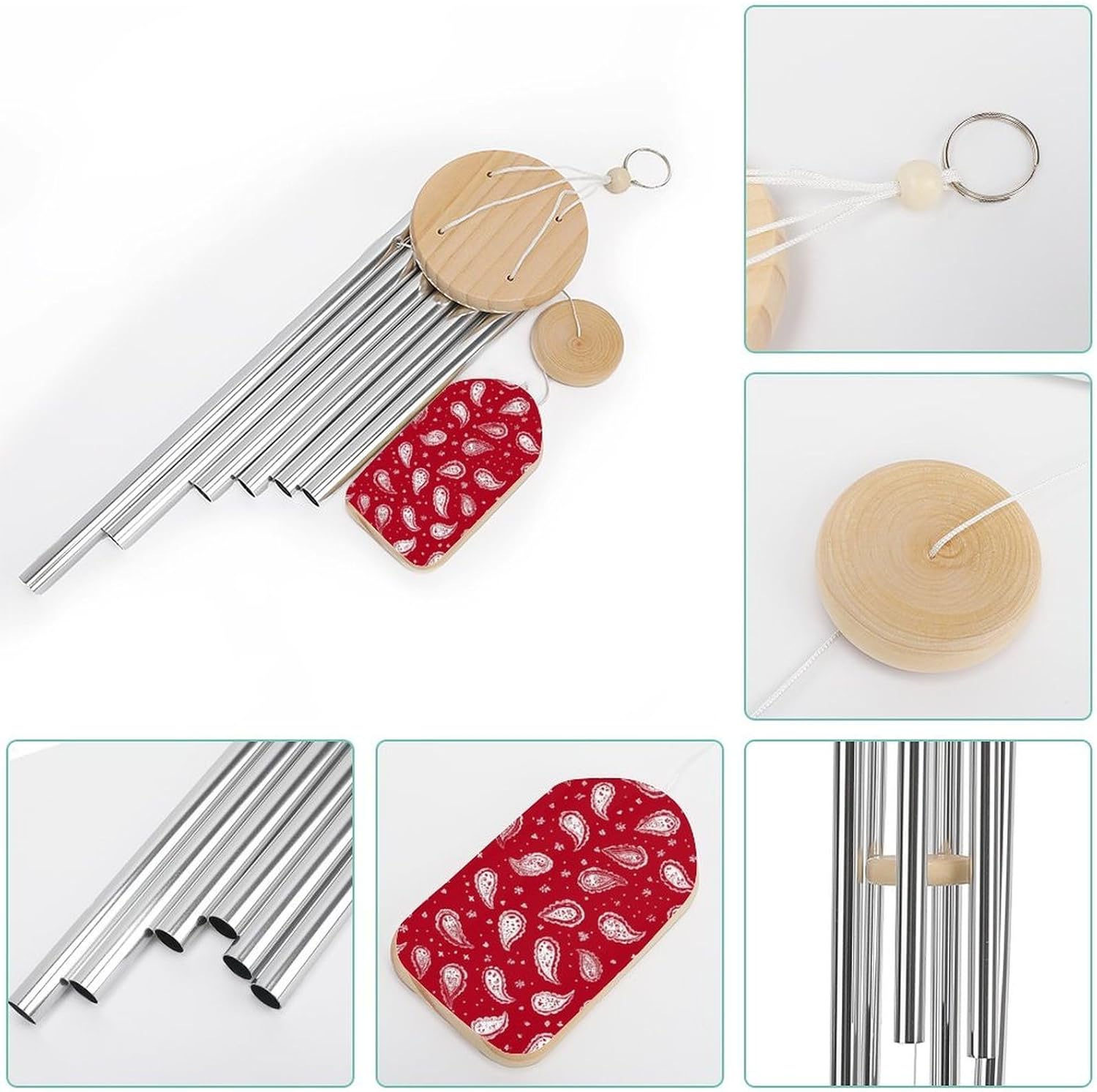 Red Bandana Paisley Wooden Wind Chimes Deep Tone Memorial Windchime for Outside Garden Home Decoration
