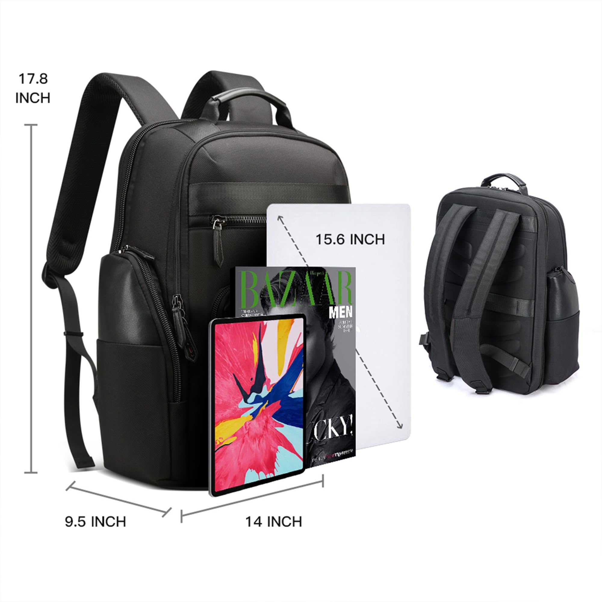 Mochila de viaje de 30L para hombre, mochila de negocios para laptop de 15.6 pulgadas con carga USB, mochila resistente al agua, color negro 9