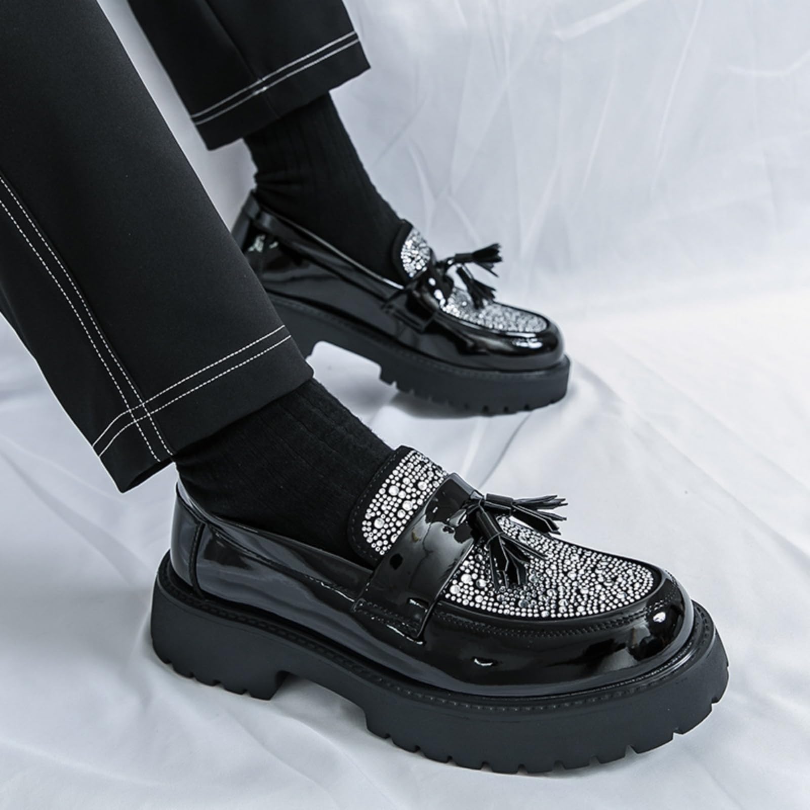 Mocasines Plataforma Piel Charol Hombre Zapatos Vestir Sin Cordones | Borla Brillante Con Purpurina, Puntera Redonda Y Ancha, Zapatos Formal Business Casual, Para Bodas Oficina